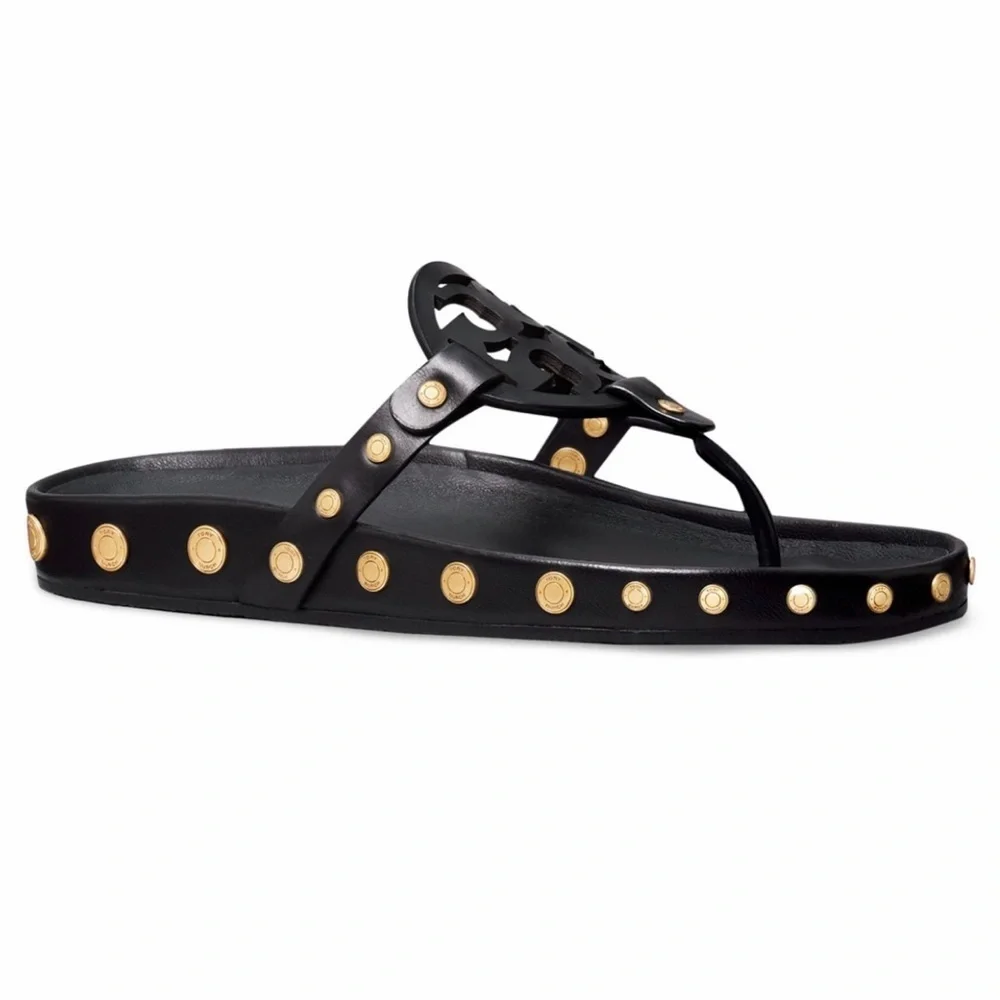 🔥🔥NWT Authentic Tory Burch Miller Cloud Gold Coin Thong Sandals Black 11 M